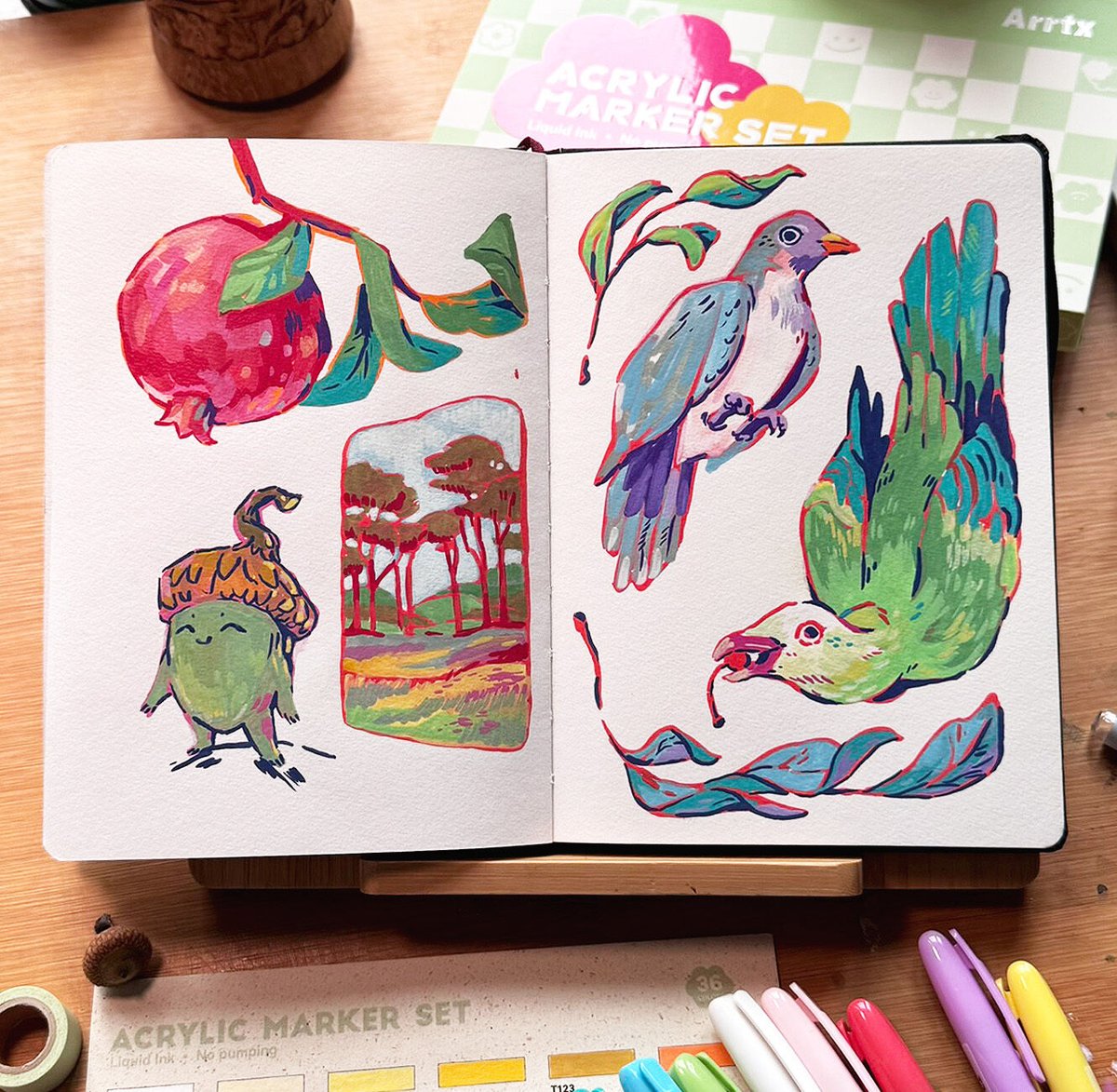 andthegrunlings's tweet image. The recent acrylic marker drawings in my sketchbook 🌱 let me know your highlight, what should I draw next? ;) #art #acrylicmarkers #colorful #sketchbook #cuteart #pomegranate #birddrawing
