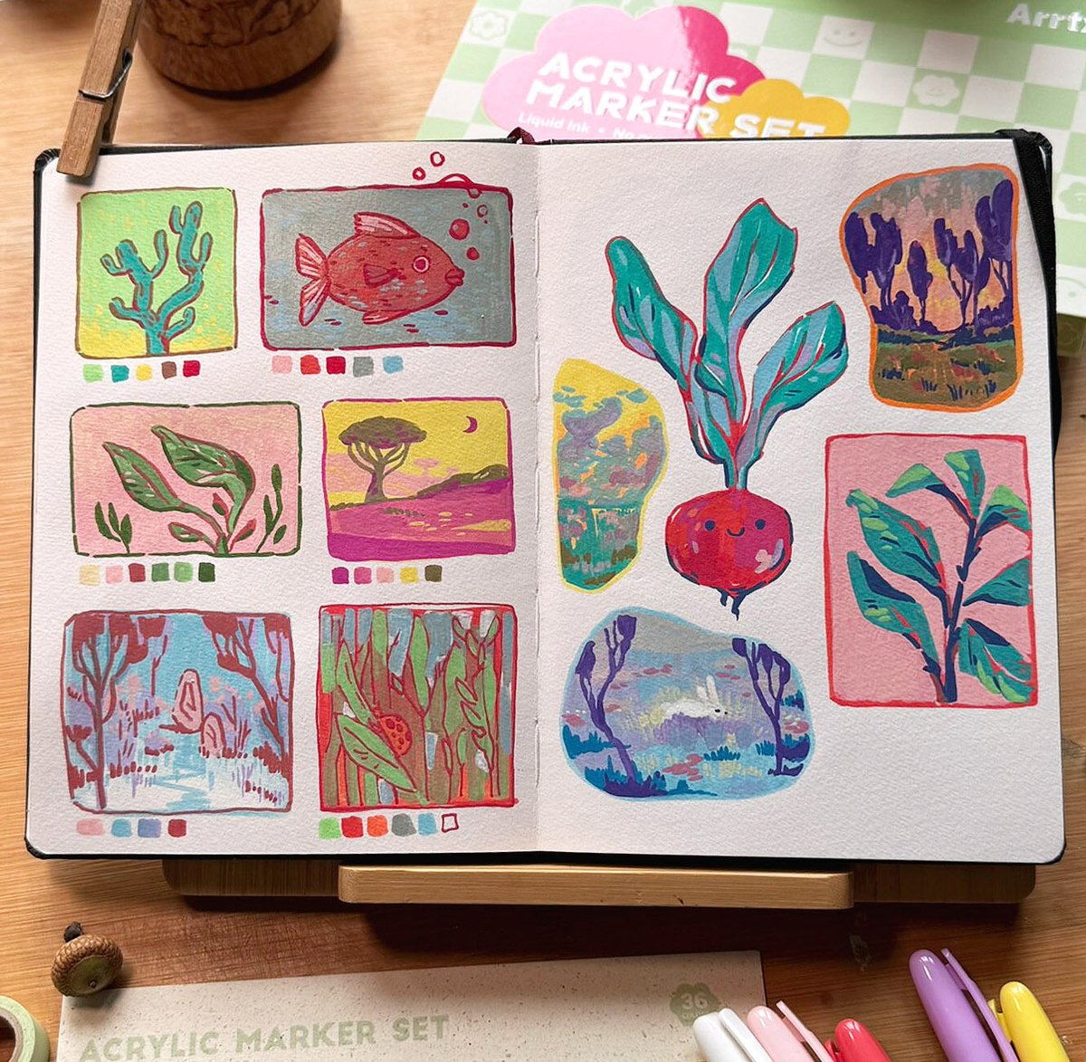 andthegrunlings's tweet image. The recent acrylic marker drawings in my sketchbook 🌱 let me know your highlight, what should I draw next? ;) #art #acrylicmarkers #colorful #sketchbook #cuteart #pomegranate #birddrawing