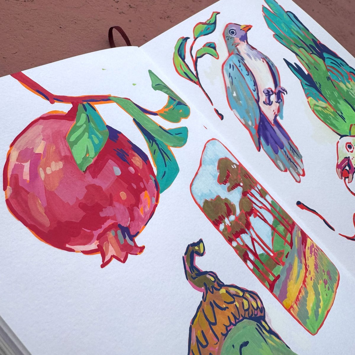andthegrunlings's tweet image. The recent acrylic marker drawings in my sketchbook 🌱 let me know your highlight, what should I draw next? ;) #art #acrylicmarkers #colorful #sketchbook #cuteart #pomegranate #birddrawing