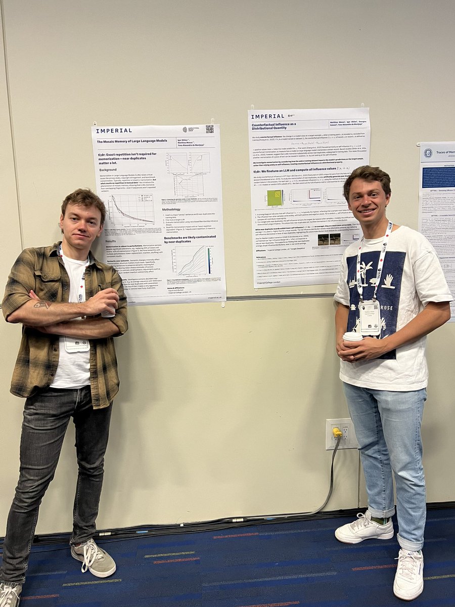 matthieu_meeus's tweet image. Presenting two papers at the MemFM workshop at ICML!
Both touch upon how near duplicates (and beyond) in LLM training data contribute to memorization.
- arxiv.org/pdf/2405.15523
- arxiv.org/pdf/2506.20481
@_igorshilov @yvesalexandre