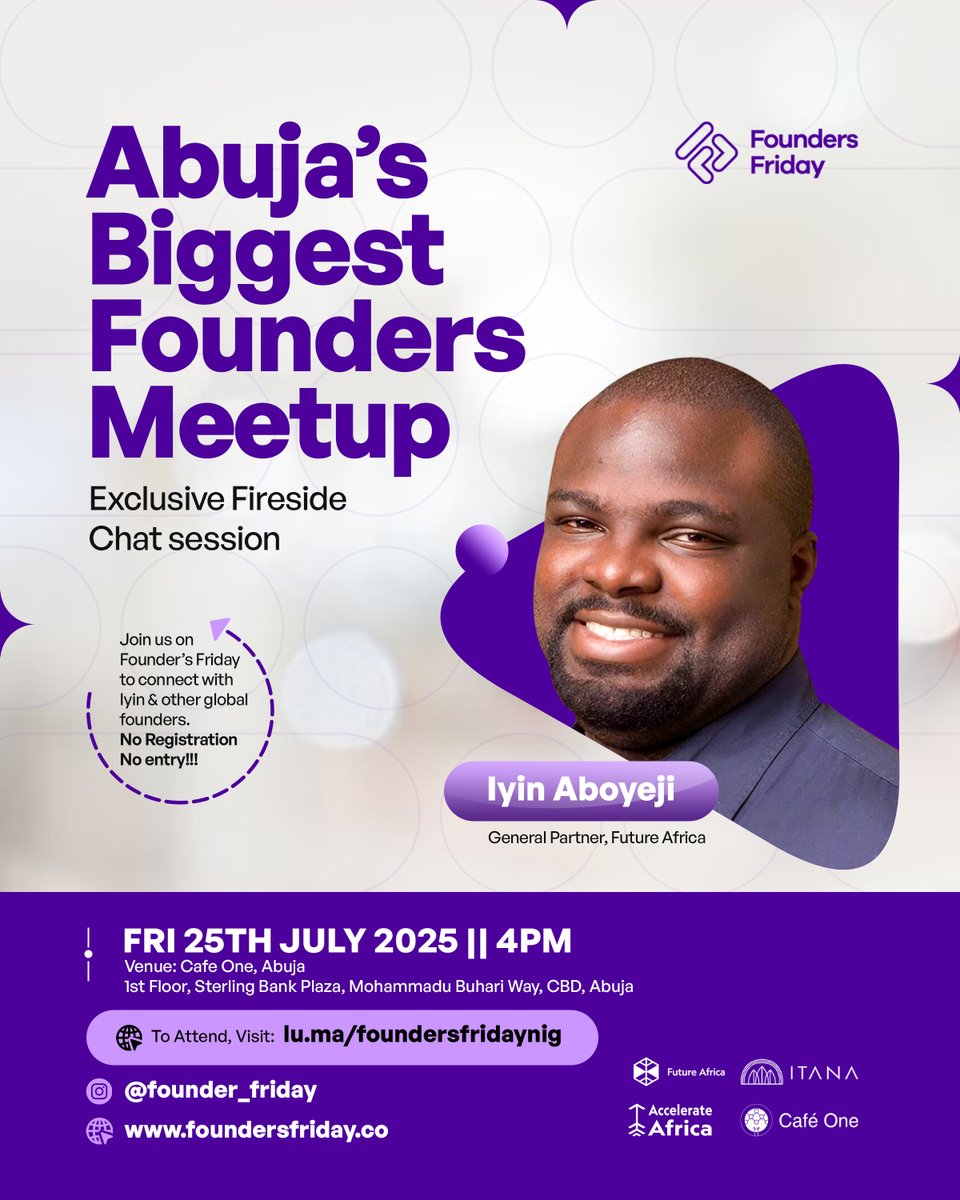 E. will be in Abuja next week.

Mark your calendars, Abuja Founders. 
Free to attend, open to all.

Register Here: lu.ma/foundersfriday…

Don't forget to retweet!