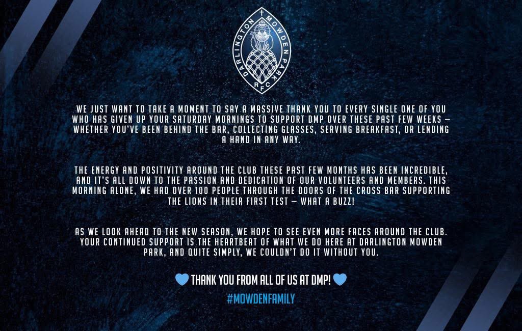💙 Mowden Family 🤍

Thank you all so much 🙏

The past couple of months at the club has seen us all pull together and bring a huge positive vibe back to Darlington Mowden Park and for that we thank you all!

#MowdenFamily #OneClub #OnePathway