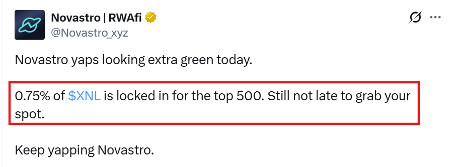 mkoneth's tweet photo. Love to see that green! 🌱 

0.75% $XNL locked for top 500 is just the beginning.

RWAs are the next big wave and @Novastro_xyz is leading the charge. 

Keep yapping fam — every yap counts towards owning the future. 🚀 

#gNOVAS https://t.co/dc0IF3lctT