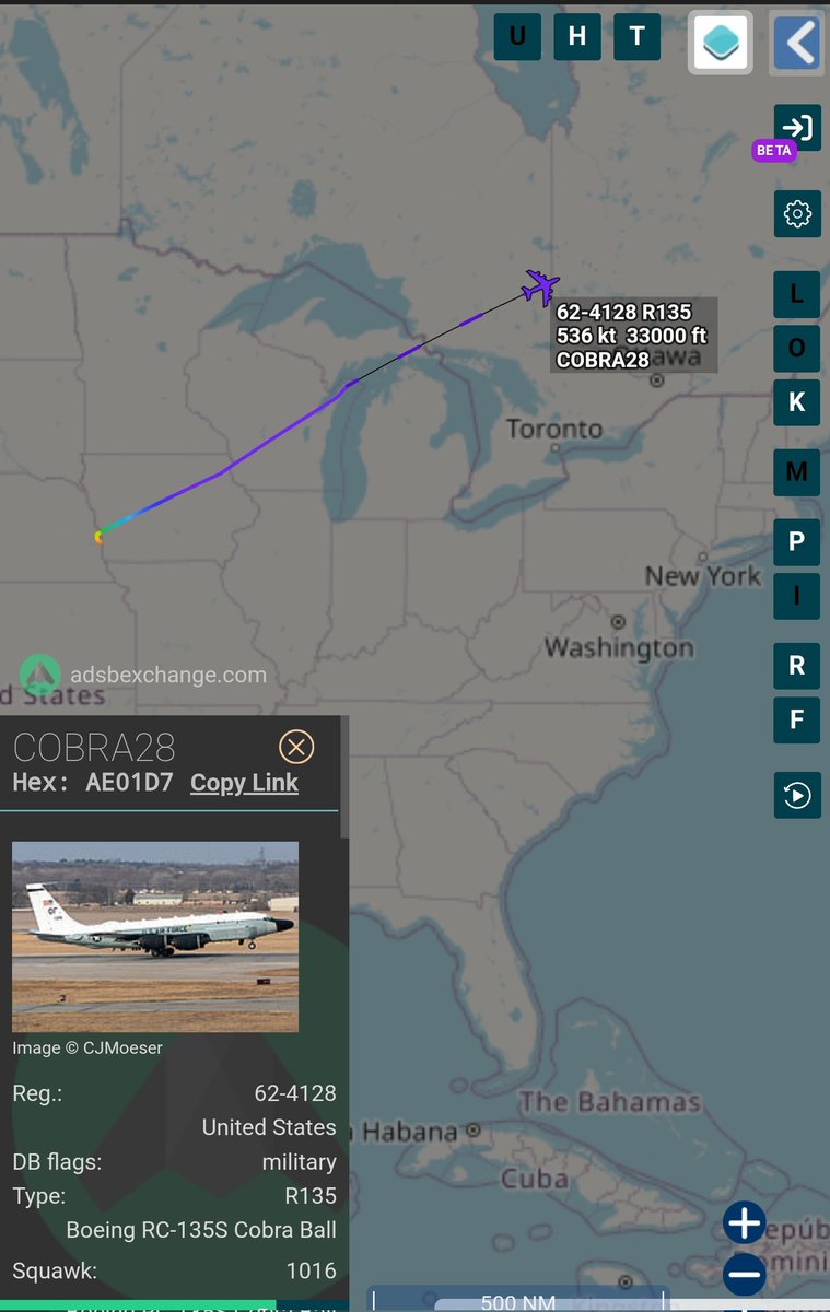 sipjack1776's tweet image. RC-135S Cobra Ball 
#AE01D7
62-4128/COBRA28
Tracking NE out of Offutt AFB. Aircraft is likely headed to RAF Mildenhall (?)
Will update
@Borrowed7Time