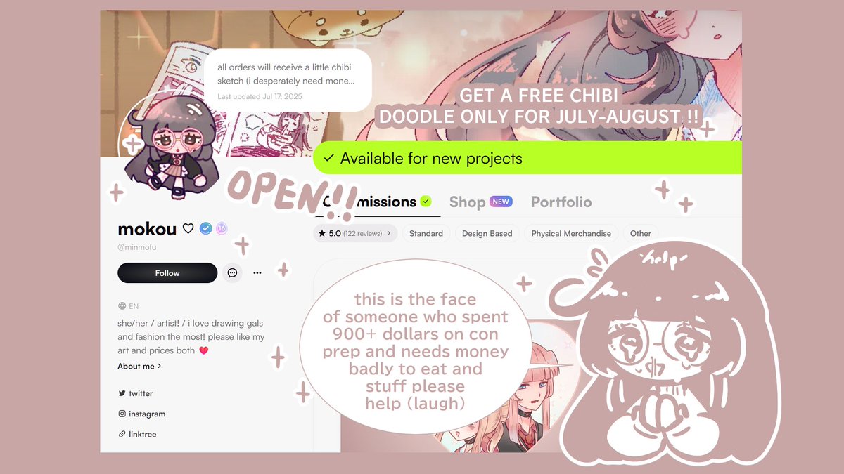 minmofu's tweet image. hi !! i am in desperate need of money because of con prep, so my comms are open! 🥲💕
all comms for the rest of july+start of august will receive a little chibi sketch extra as thanks!!
like + rt appreciated !!