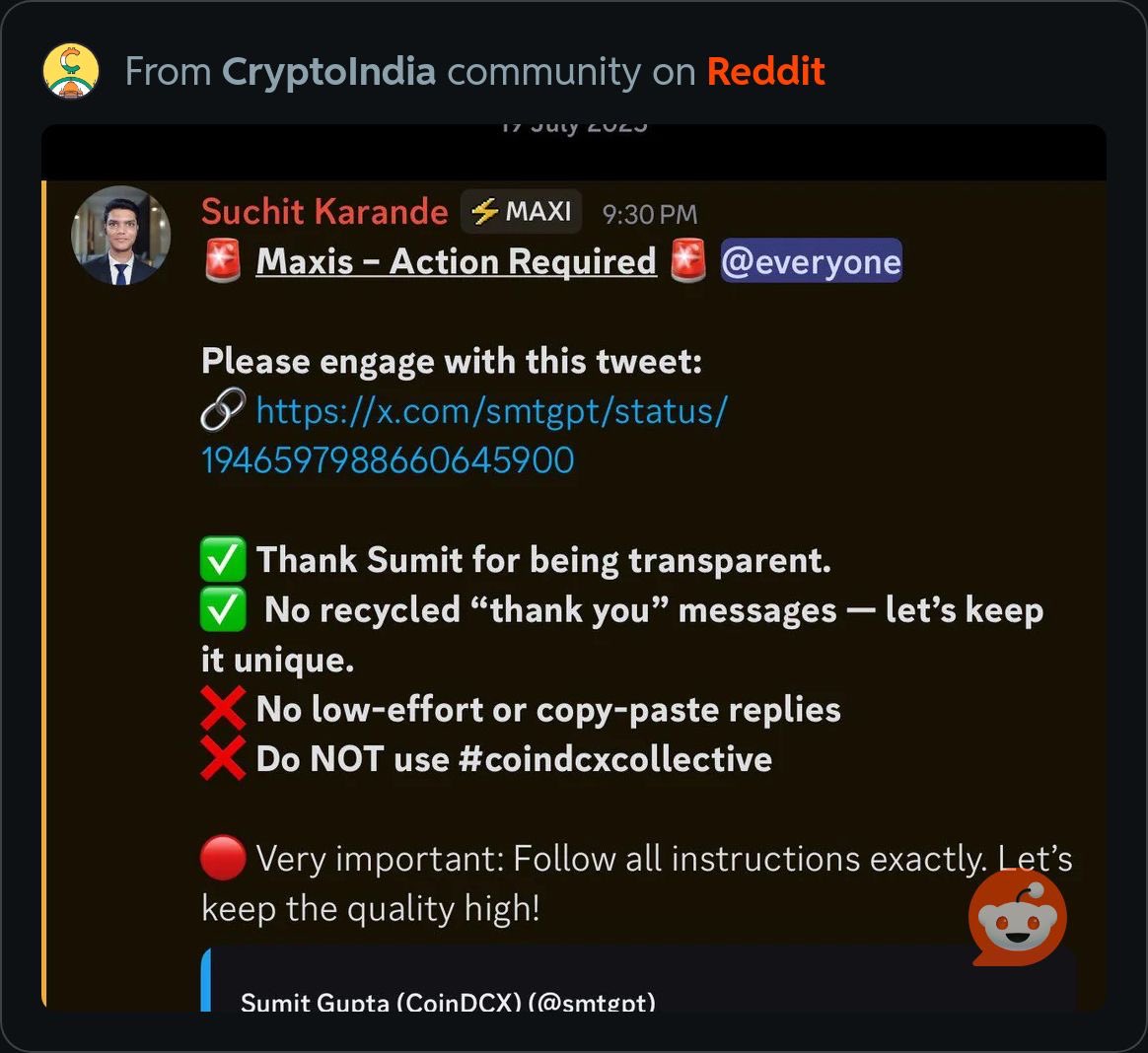 smtgpt @CoinDCX Why is a CoinDCX team member telling people to engage with  this post and thank you for the “transparency”? Your team waited 17 hours  to disclose (not until after it