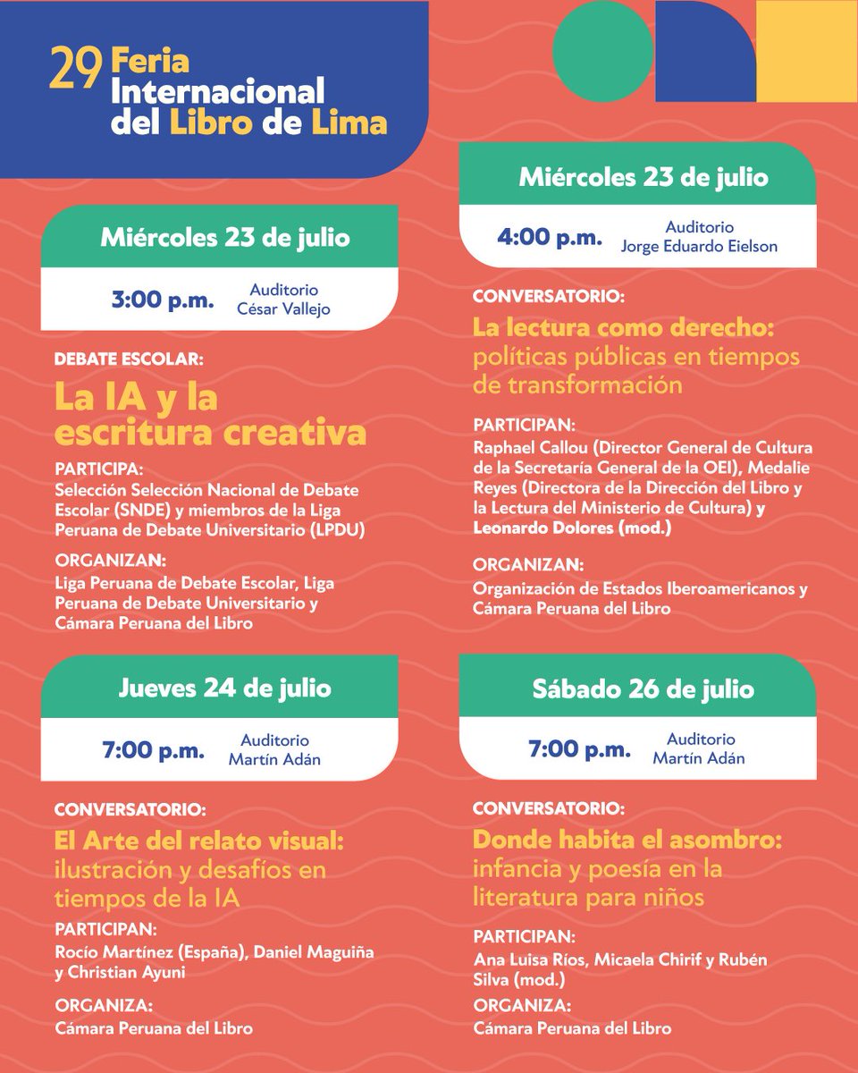 FILLima2025's tweet image. Desde la inteligencia artificial hasta la magia de la poesía infantil: conversaciones para repensar la lectura hoy.
🗓️ Del 23 al 26 de julio
🎟️ Entradas en Teleticket 👉 teleticket.com.pe/fil-lima-2025
Aforo limitado. Actividades sujetas a cambios.