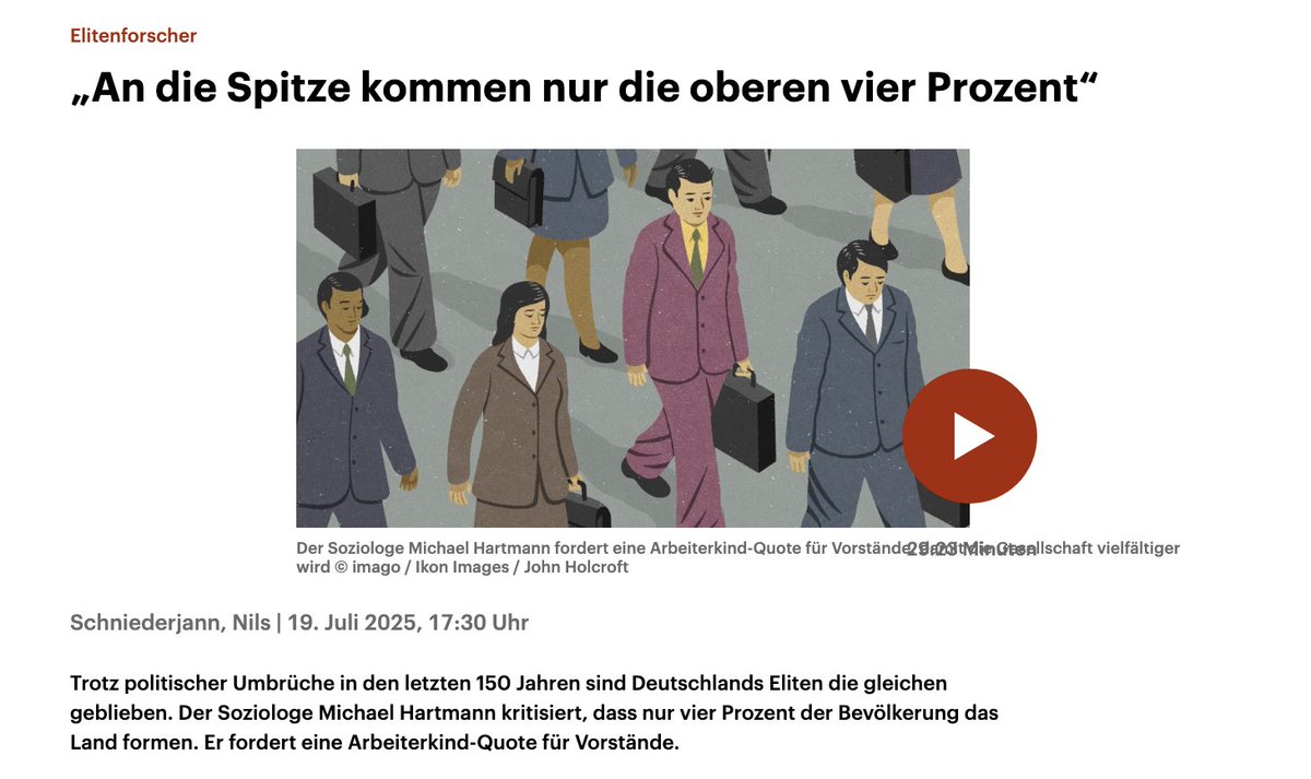 Für Deutschlandfunk Kultur habe ich heute mit Michael Hartmann über seine Studie über die deutsche Elite seit dem Kaiserreich gesprochen: deutschlandfunkkultur.de/eliten-seit-de…