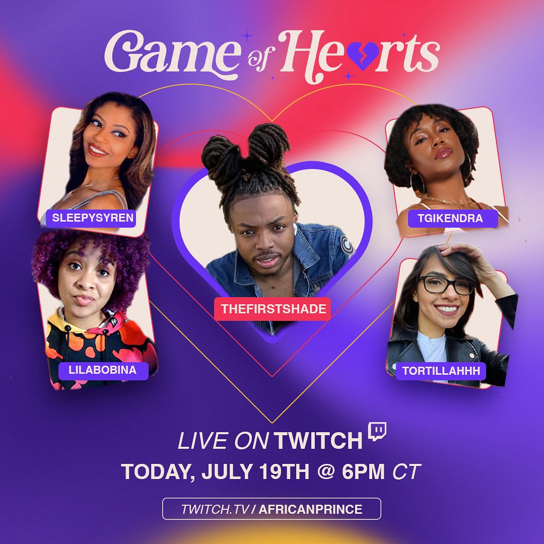 💜 Meet today’s Cast 💜
thefirstshade @sleepysyren @tortillahhh @tgikendra @lilabobina 

Twitch.tv/Africanprince
