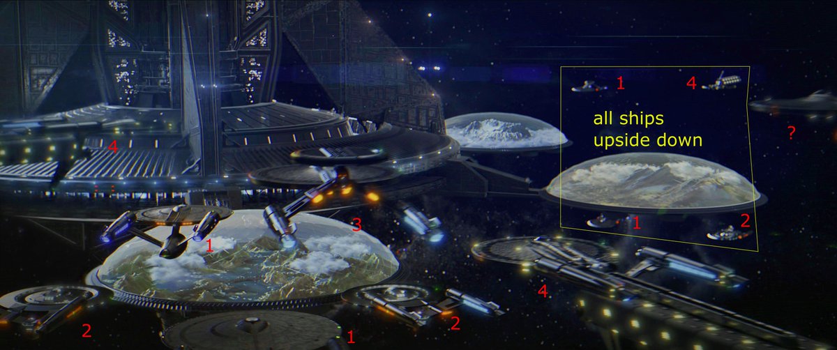 So, here are the starships around Starbase 1 in the #StarTrekSNW season 3 opening credits. There are Constitution class ships (1), a new upside-down NCC-1279 type (2), a ship with a Nebula-like pod on the top (3) and a larger freighter type (4). The ships in the yellow box are