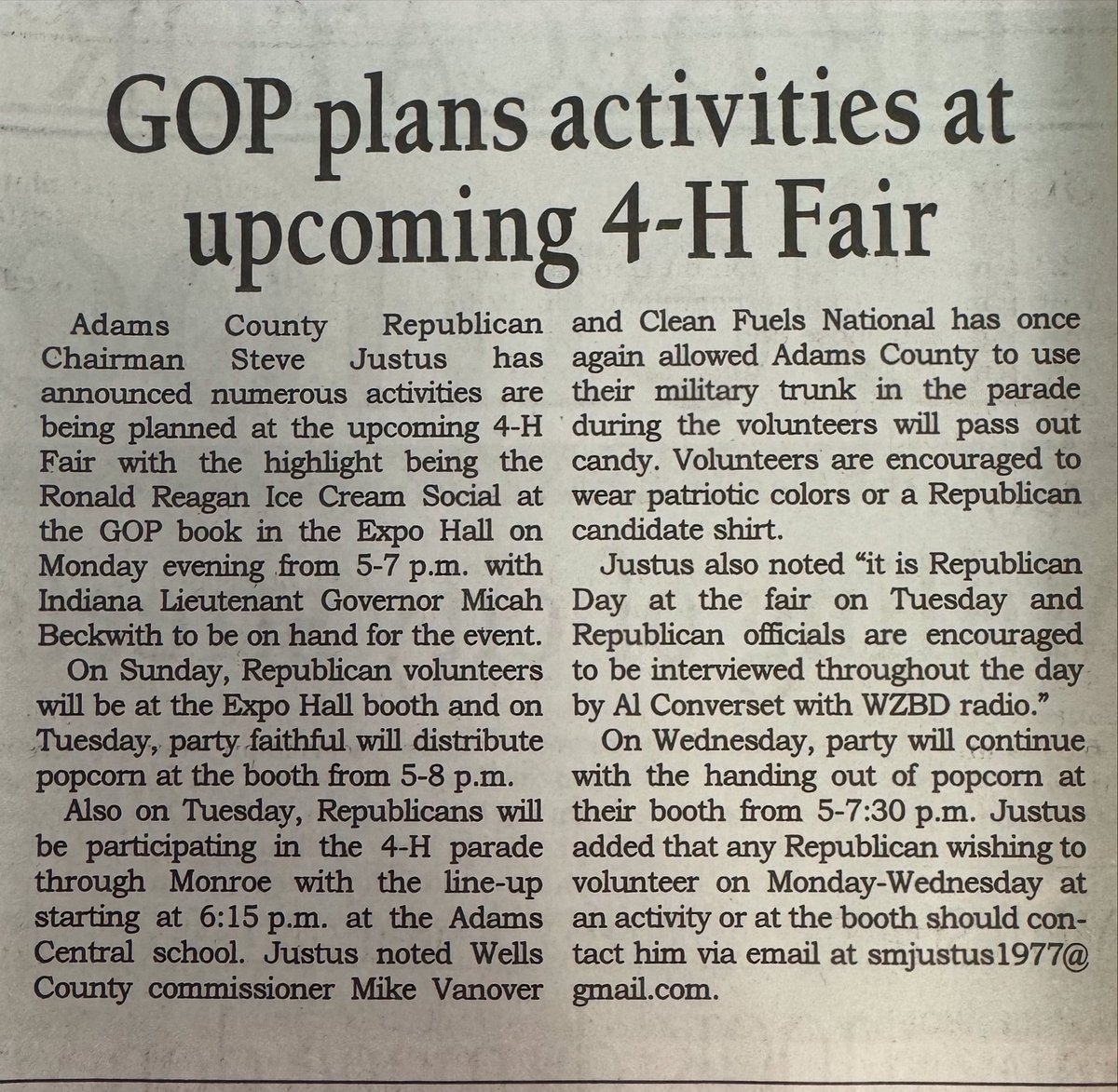 AdamsCoINGOP's tweet image. Nice shout out from Decatur Daily Democrat of the Adams County GOP involvement in the @AdamsCountyIN4H Fair. Kudos to Mike Vanover & Clean Fuels National for the use of the trunk in the parade & for Lt. Governor Micah Beckwith for confirming to celebrate with us on Monday!