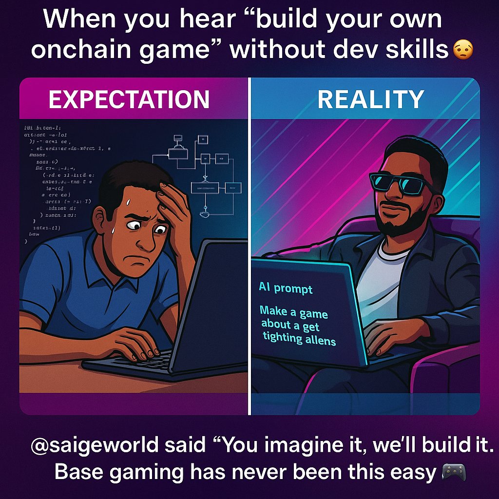 veryblaxkboy's tweet image. When you realize you don’t need to code to build your own game 🎮
Just type an idea, and boom  game created.

@saigeworld is making game dev as easy as tweeting.
Built on @base  Powered by AI.

#SaigeWorld #BaseGaming #BuildOnBase #ENB #Gaming #Play2Earn