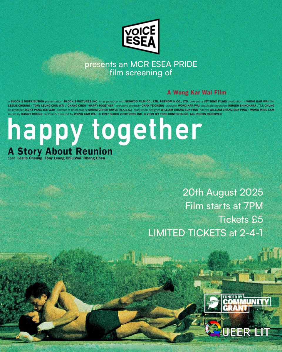 voiceesea (@voiceesea) on Twitter photo We invite MCR’s queer ESEA community & our allies to a screening of Wong Kar-wai’s ‘97 film “Happy Together” @ <a href="/QueerLitUK/">Queer Lit</a> <a href="/SocialRefugeMCR/">SocialRefuge</a> on 20th Aug made possible by a Community Fund grant from <a href="/ManchesterPride/">Manchester Pride</a>. Limited 2-4-1 tickets are available here: eventbrite.co.uk/e/mcr-esea-pri… We invite MCR’s queer ESEA community & our allies to a screening of Wong Kar-wai’s ‘97 film “Happy Together” @ <a href="/QueerLitUK/">Queer Lit</a> <a href="/SocialRefugeMCR/">SocialRefuge</a> on 20th Aug made possible by a Community Fund grant from <a href="/ManchesterPride/">Manchester Pride</a>. Limited 2-4-1 tickets are available here: eventbrite.co.uk/e/mcr-esea-pri…