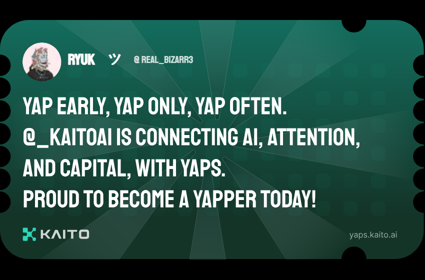 Ryuk ツ (@real_b1zarr3) on Twitter photo Yap early, yap only, yap often.
<a href="/KaitoAI/">Kaito AI 🌊</a> is connecting AI, attention and capital with Yaps.
Just claimed my social card and I'm accumulating Yap points in real-time.
Claim yours 👉 yaps.kaito.ai/referral/12888… Yap early, yap only, yap often.
<a href="/KaitoAI/">Kaito AI 🌊</a> is connecting AI, attention and capital with Yaps.
Just claimed my social card and I'm accumulating Yap points in real-time.
Claim yours 👉 yaps.kaito.ai/referral/12888…