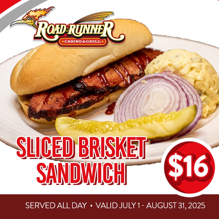 Enjoy our Sliced Brisket Sandwich on special this month at Roadrunner! 😋

Meal features a 5-oz brisket on a hoagie roll with BBQ sauce served with potato salad, pickle, and sliced onion on the side.