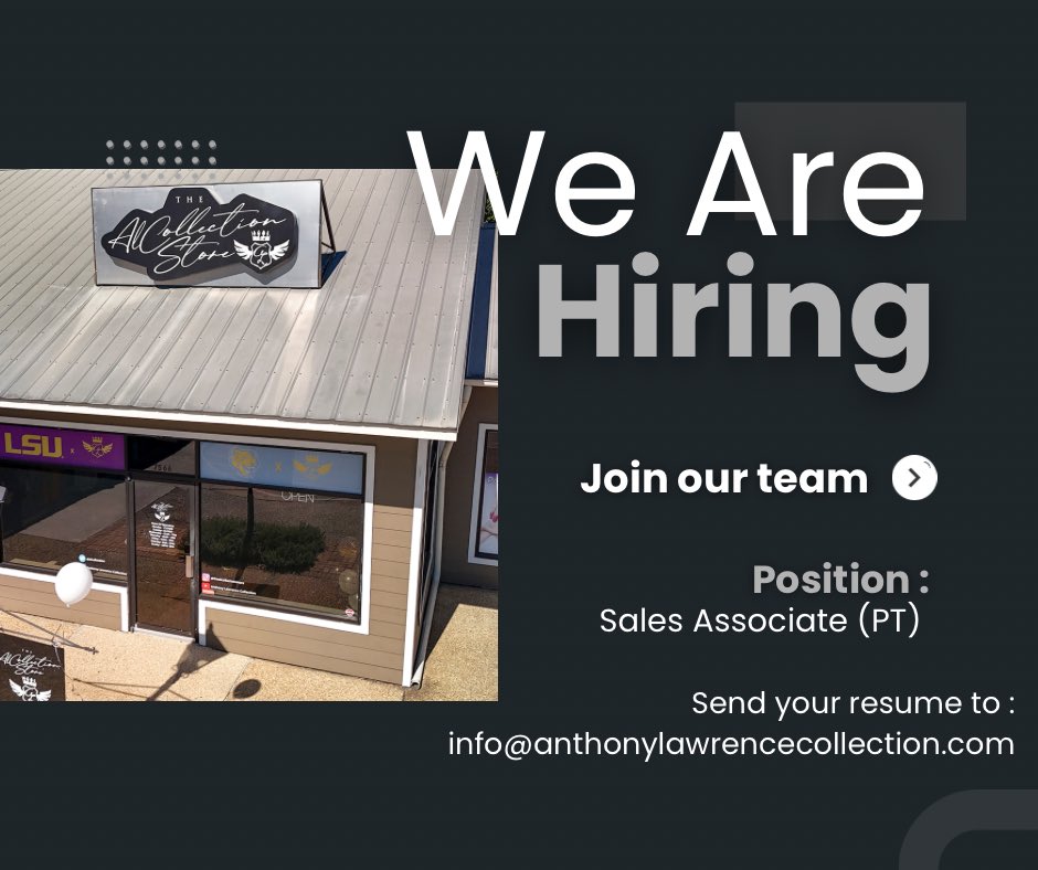 thealcstore's tweet image. #TheALCollectionStore is hiring!
We’re looking for energetic, people-friendly team players to join our sales team. If you love fashion, enjoy working with others, and bring great energy—we want to hear from you!

📩 Send your resume to: info@anthonylawrencecollection.com