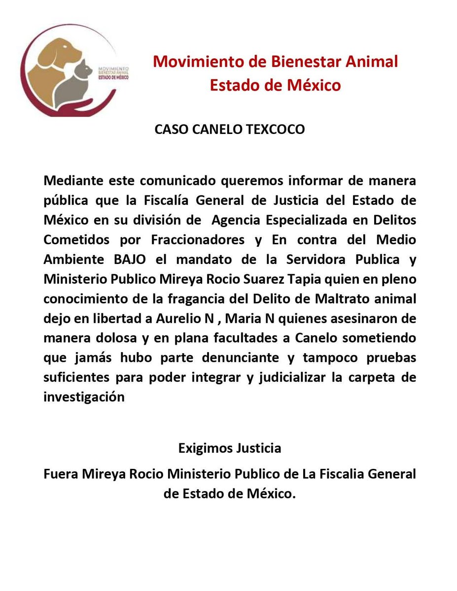 Abogado Animalista (@licanimalista) on Twitter photo Exigimos la renuncia de la corrupta ministerio público que otorgo la libertad a los asesinos de Canelo, el maltrato animal se persigue de oficio y <a href="/FiscaliaEdomex/">Fiscalía Edoméx</a> puede integrar la carpeta por #NoticiaCriminal. Atención aquí <a href="/delfinagomeza/">Delfina Gómez A.</a> <a href="/propaem_sma/">PROPAEM</a> Exigimos la renuncia de la corrupta ministerio público que otorgo la libertad a los asesinos de Canelo, el maltrato animal se persigue de oficio y <a href="/FiscaliaEdomex/">Fiscalía Edoméx</a> puede integrar la carpeta por #NoticiaCriminal. Atención aquí <a href="/delfinagomeza/">Delfina Gómez A.</a> <a href="/propaem_sma/">PROPAEM</a>
