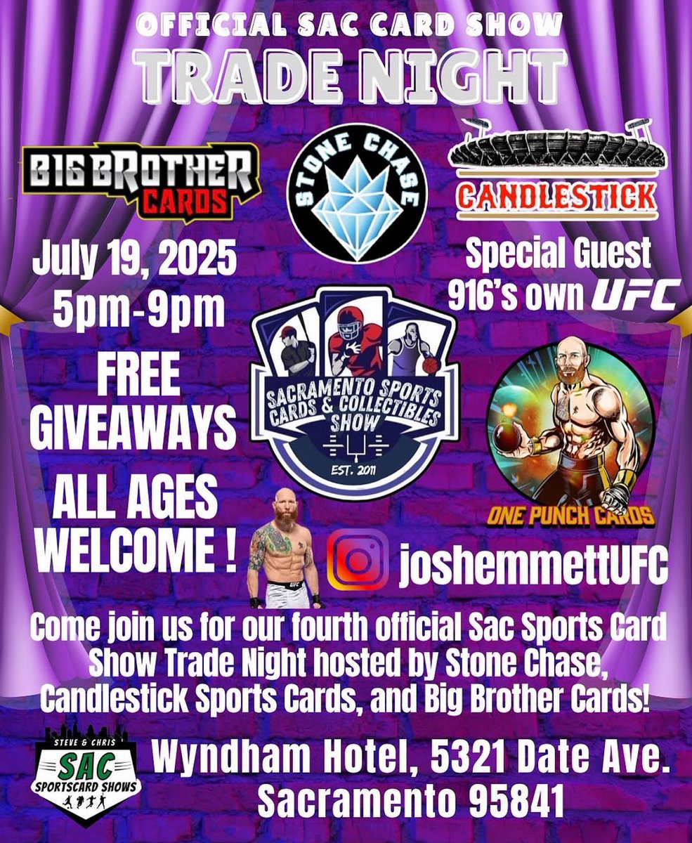 onepunchcards's tweet image. Drop by the Sacramento Sports Card Show today from 9 AM to 4 PM! Right after, stick around for Trade Night from 5 PM to 9 PM. OPC will be there from 5 PM to 7 PM—come say hi and check out some #UFC318 fights! 👊🏼
