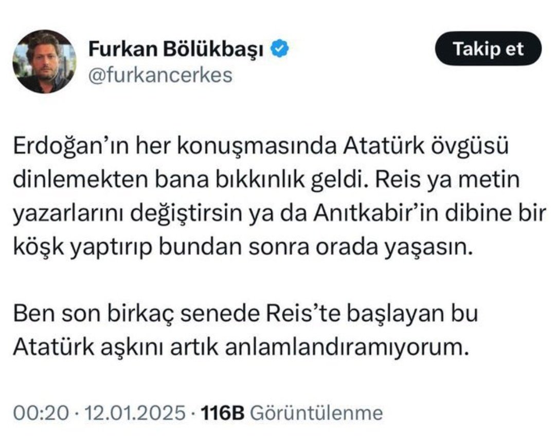 Burası Türkiye Cumhuriyeti!
Bu devleti kuran, Gazi Mustafa Kemal Atatürk’tür.

Cumhurbaşkanı Atatürk’ü anınca rahatsız olan herkesin kimlik ve karakter sorunu vardır.

Atatürk bu milletin ortak değeridir, senin şahsi komplekslerine kurban edilemez!

Sen kimsin, yetkin ne? 👇👇👇