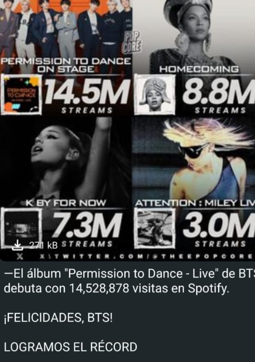 ARMYManizalsCol's tweet photo. 🔥 BTS haciendo historia otra vez 🔥
"Permission to Dance - Live" debuta con 14.5M streams en Spotify, superando a grandes como Beyoncé, Ariana y Miley.
¡Orgullo total, ARMY! 💜
¡Felicidades BTS, rompimos el récord! 🏆✨
#PermissionToDanceLive #BTSRecord #ARMYPower #BTSHistory https://t.co/RVrZ6Hgm4v