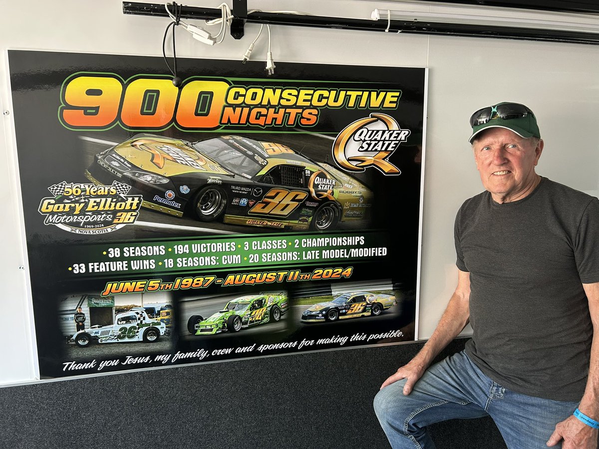 This is Gary Elliott. He will be driving in tonight‘s IWK 250 in Nova Scotia; his 57th year driving race cars. He’s working on a string of more than 900 consecutive races, and said he’s no longer racing to win, he’s racing mother nature. What an awesome guy! Happy to meet him.