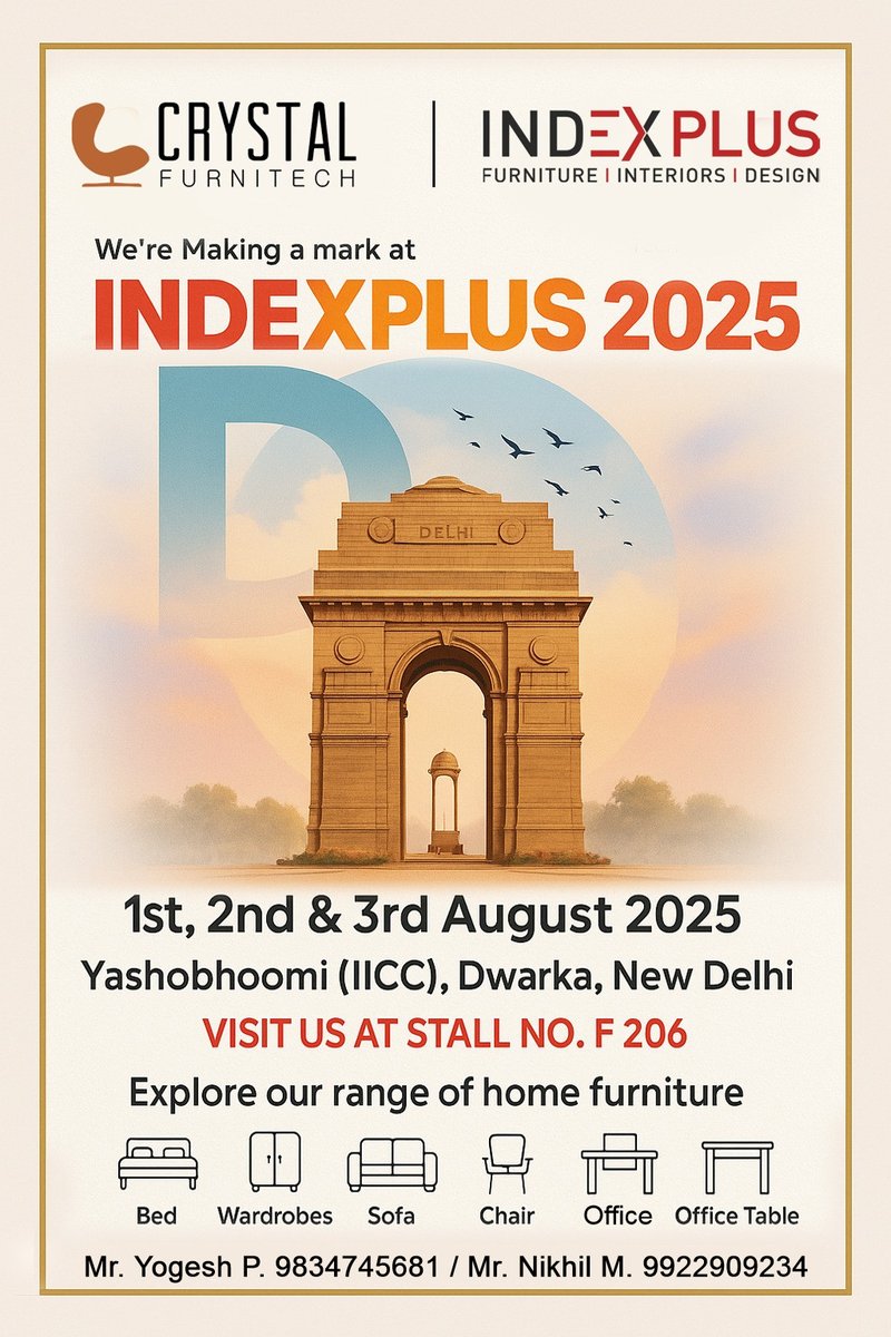 CrystalFurnitek's tweet photo. We are thrilled to invite you to visit our stall at INDEX PLUS DELHI 𝟐𝟎𝟐5 , one of the largest and most prestigious exhibitions at Yashobhoomi (IICC), Dwarka, New Delhi . Explore our latest range of home and office furniture solutions, where style meets comfort . https://t.co/ypNviTZarO