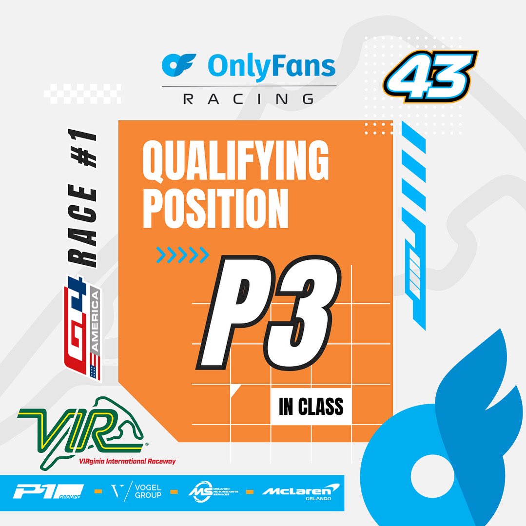 P1Groupe's tweet image. Quali ✅
@MBellRacing put the @OnlyFans 4️⃣3️⃣ McLaren Artura on the move — locking in P3 in-class for Race 1 here at @VIRNow 🟩 5pm today! 
Let’s go to work. 🔥🏁4️⃣3️⃣ 

#onlyfans #onlyfansracing #motorsports #racing #omsrace #mclaren #mclarenorlando #mclarencustomerracing 
#gt4