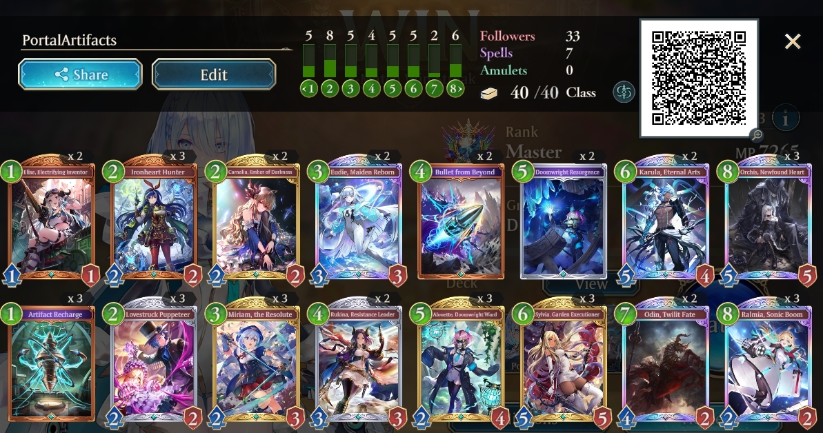 Vuelta a Diamante en Máster en la nueva season de Shadowverse. 

Me estampé fortísimo con Rune el primer día, pero Portal Artifacts va muy loco con Karula y Odin, son dos cartas que le vienen increíble al deck para aguantar los que eran los peores turnos del mazo (6y7).