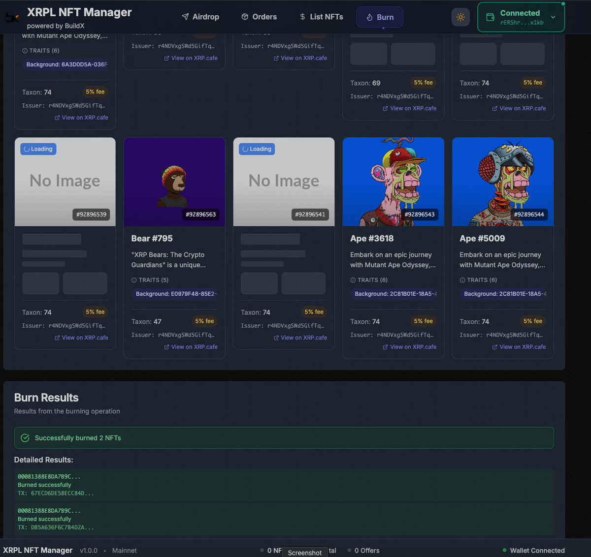 BuildXrp's tweet image. You can now burn any NFT directly in the NFT Manager on XRPNFT.APP.
Features: Burn, Send, Airdrop, Cancel Offers, List to XRP Cafe.
What else would you like to see?
Burning permanently deletes the NFT from the blockchain with no recovery possible.