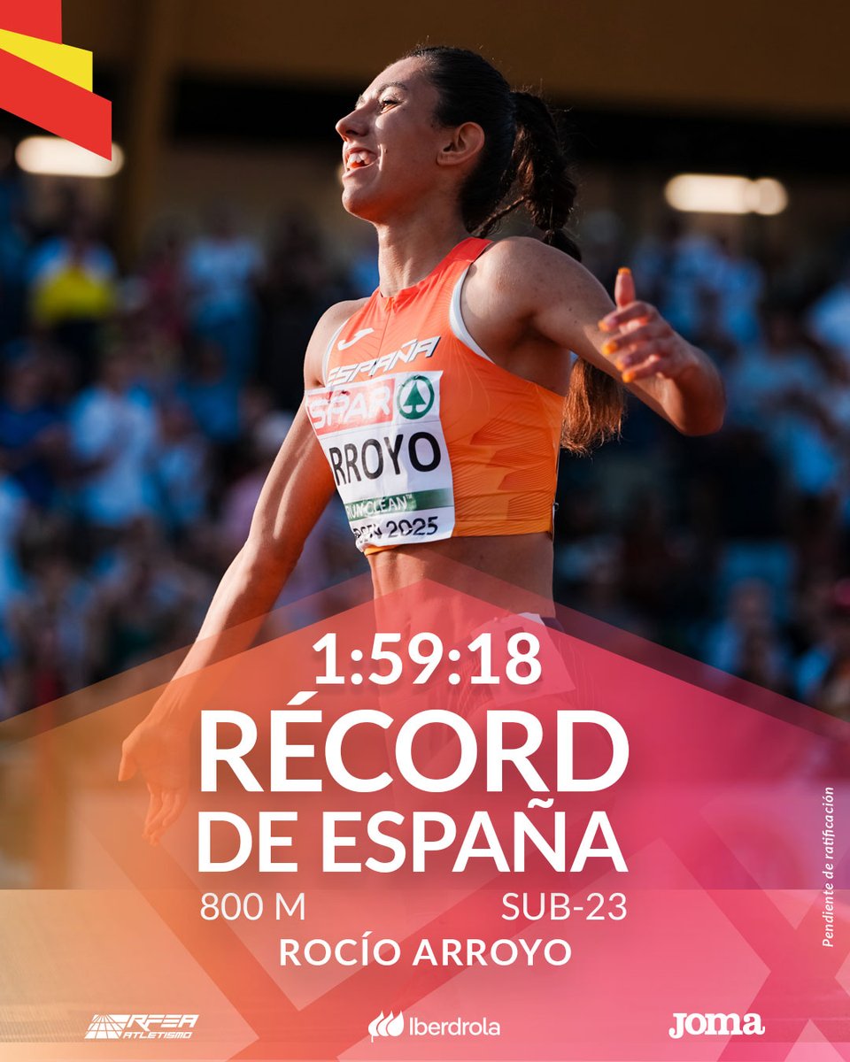 Qué barbaridad acabamos de ver en #Bergen2025
Subcampeona de Europa y Récord de España

Rocío Arroyo  🥈
Récord de España Sub23 1⃣:5⃣9⃣.1⃣8⃣

Batiendo el 2:00.21 de Marta Mitjans hace pocas semanas
3ª española absoluta de todos los tiempos
Líder 🇪🇸 del año
La mejor marca