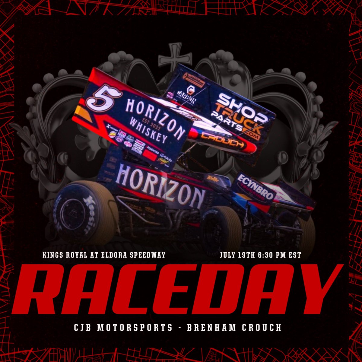 RACE DAY❗️Night 4 of 4 The big night. It’s time to chase down the crown for The Kings Royal with the <a href="/WorldofOutlaws/">World of Outlaws</a> at <a href="/EldoraSpeedway/">ELDORA SPEEDWAY</a> 🏁👑
🏎️ : <a href="/BrenhamCrouch/">Brenham Crouch</a> 
📍 : <a href="/EldoraSpeedway/">ELDORA SPEEDWAY</a> 
📺 : <a href="/dirtvision/">DIRTVision</a> 
📱 : <a href="/MyRacePass/">MyRacePass</a> 
📸 : <a href="/TylerReigel/">Tyler Reigel</a> 
🧍🏽 : Trackside
👕 :