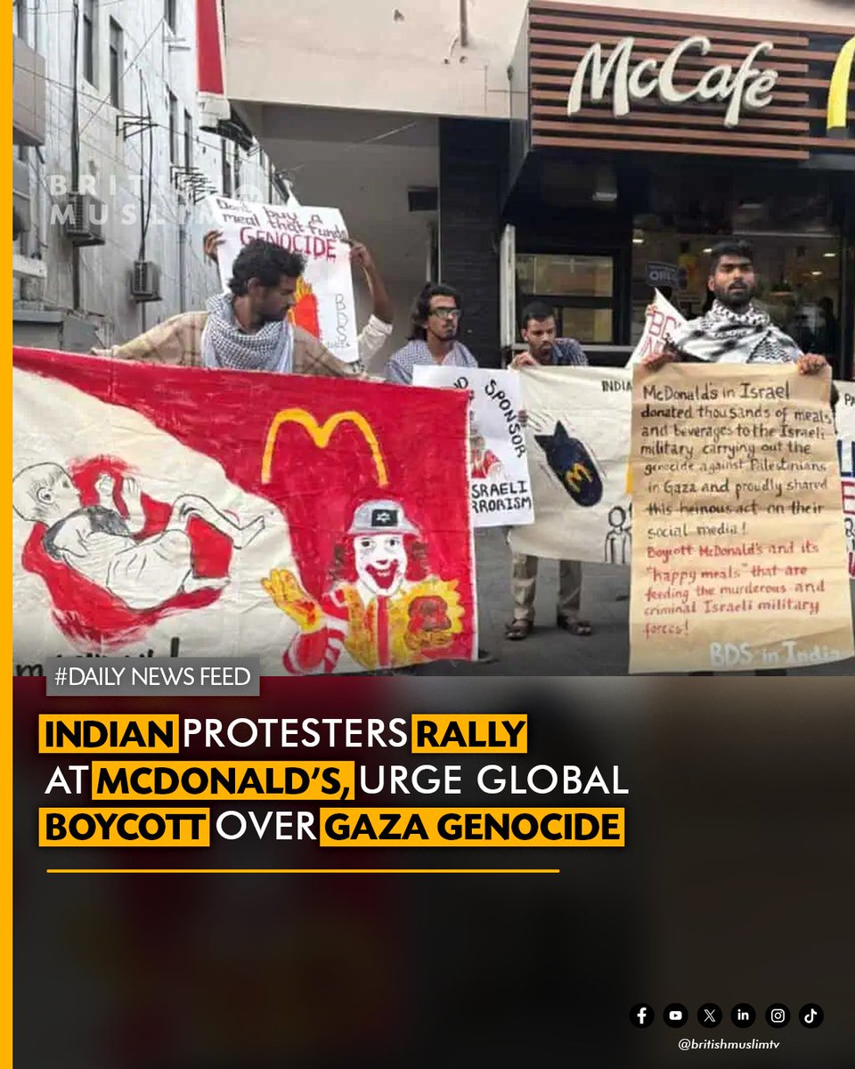 BritishMuslimTV's tweet image. Indian citizens protested outside McDonald’s in support of the Gaza boycott, demanding an end to corporate ties with Israel over its role in the Gaza conflict.
#India #protest #Mcdonalds #Boycott #campaign #Gaza #solidarity