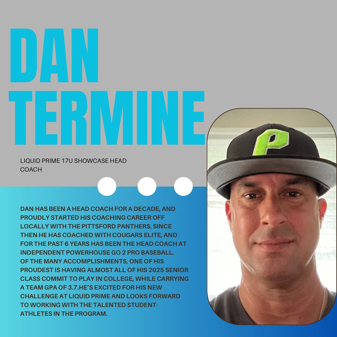 Prime Baseball (@primebsbl) on Twitter photo We will be introducing you to the Liquid Prime coaching staff over the days leading up to 2026 tryouts.
We are proud to introduce you to 17u Showcase Head Coach Dan Termine!
<a href="/LiquidSportsLab/">Liquid Sports Lab</a> We will be introducing you to the Liquid Prime coaching staff over the days leading up to 2026 tryouts.
We are proud to introduce you to 17u Showcase Head Coach Dan Termine!
<a href="/LiquidSportsLab/">Liquid Sports Lab</a>