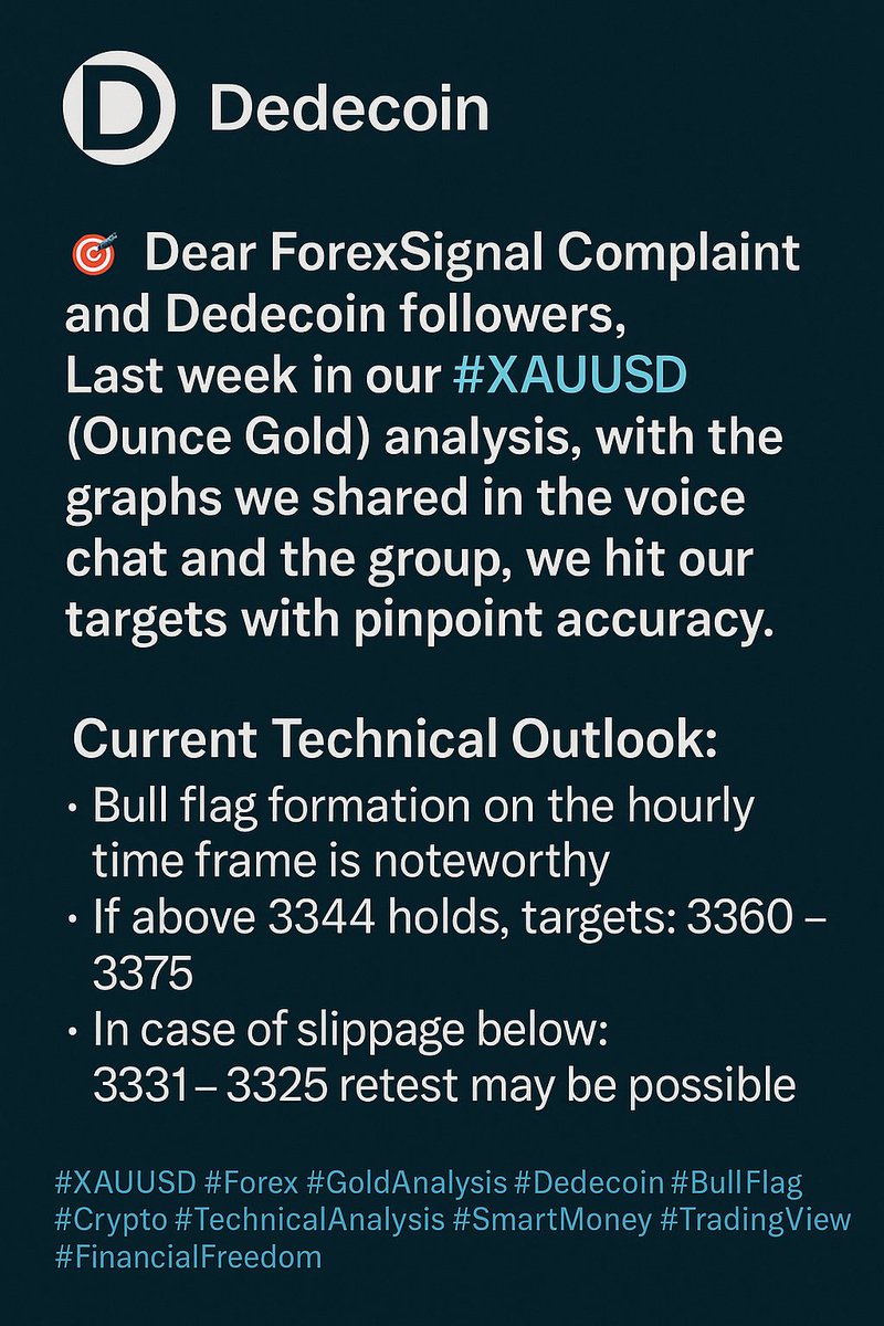 CoinciDeDe1's tweet photo. https://t.co/SufFtqzDvn
Last week, our XAUUSD (Gold) analysis hit targets with precision — backed by live group sessions and clear charts.
#XAUUSD #Forex #GoldAnalysis #TechnicalAnalysis #Dedecoin #BullFlag #SmartMoney #CryptoTraders #MarketUpdate #FinancialFreedom #SmartMoney https://t.co/fQdGVq0PrA