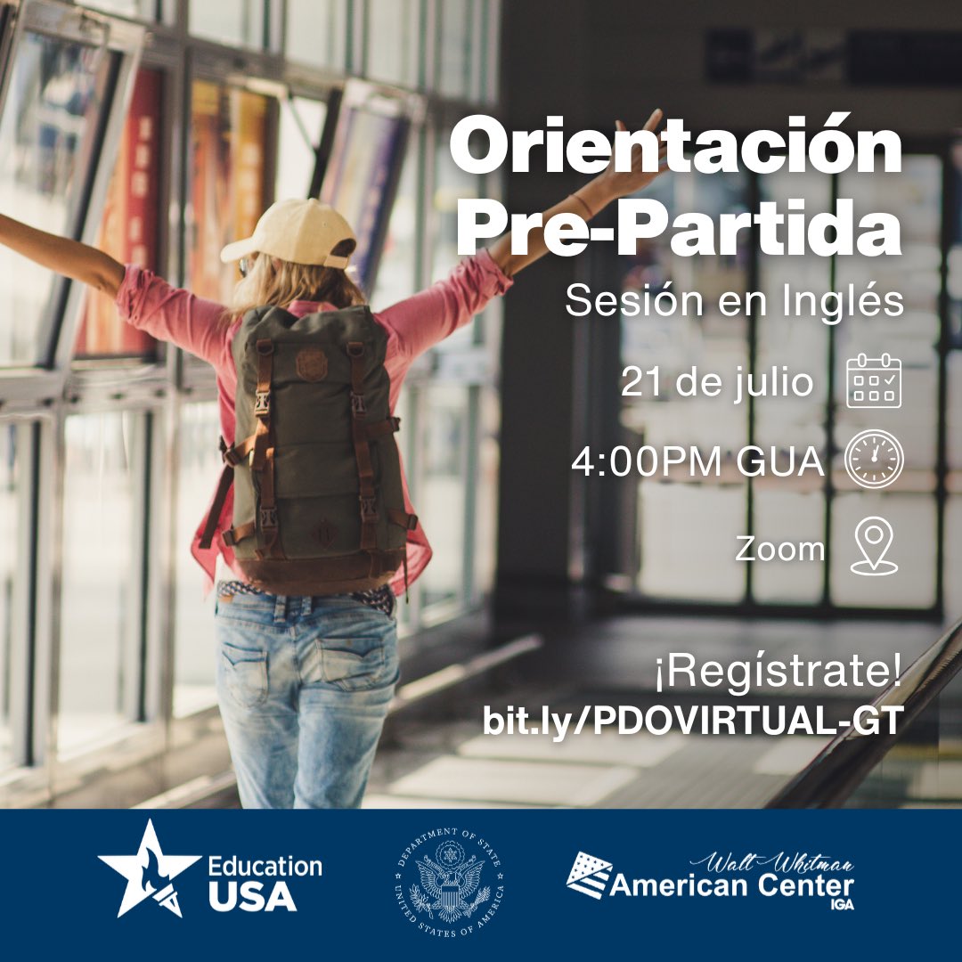 usembassyguate's tweet image. 🇺🇸Te admitieron en una universidad de #EEUU, el país que lidera el mundo en innovación y oportunidades. Te preguntas, ¿qué sucede ahora?
👉 Únete a la charla virtual (en inglés) de EducationUSA Guatemala y recibe orientación previa a tu partida ✈️📚
🗓️21 de julio
🕓4:00 p.m.…