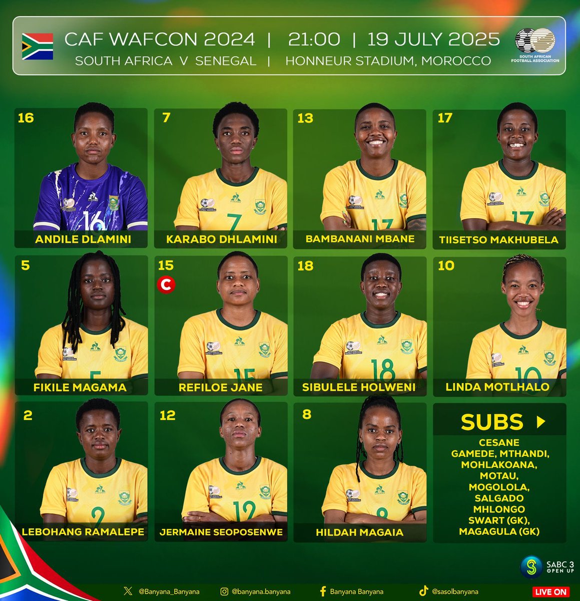 This is how we line up against Senegal - quarterfinals!
#BanyanaBanyana