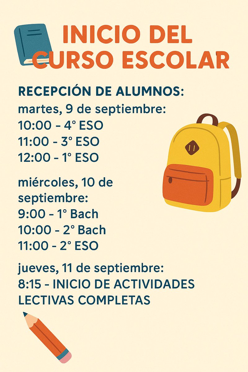 El IES Marqués de Suanzes comenzará sus actividades lectivas del curso 2025/26 durante la segunda semana de septiembre. En la ilustración os indicamos el calendario. Más info en la web. ¡Os esperamos con ilusión para comenzar un nuevo curso lleno de aprendizajes y experiencias!