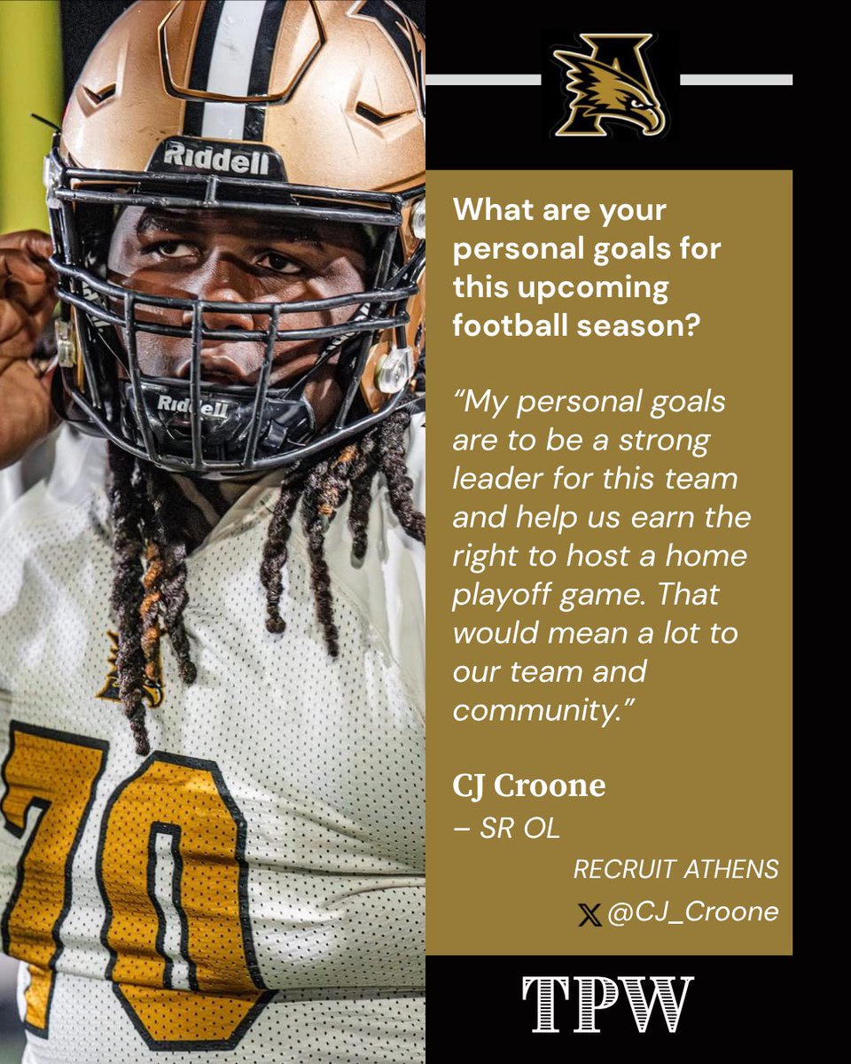 RecruitAthens's tweet image. PLAYER SPOTLIGHT | #TPW
Meet CJ Croone — Senior OL for Athens 🦅
The energy-bringer up front. CJ talks about his growth this offseason. He is ready to be a key piece in the trenches for the Golden Eagles.
Follow CJ 👉 @CJ_Croone
#AthensFootball #ToughPeopleWin #RecruitAthens