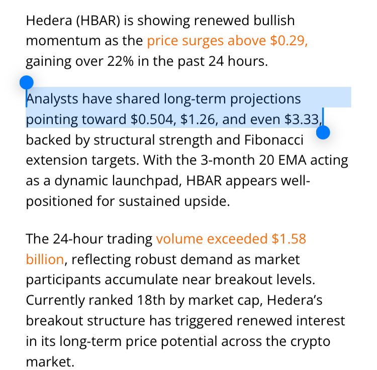 markchadwickx's tweet image. 🚨 BULLISH ANALYSIS: $HBAR Price Maintains Bullish Momentum With Macro Targets at $1.26 - $3.33
“Analysts have shared long-term projections pointing toward $0.504, $1.26, and even $3.33, backed by structural strength and Fibonacci extension targets.
“With the 3-month 20 EMA…