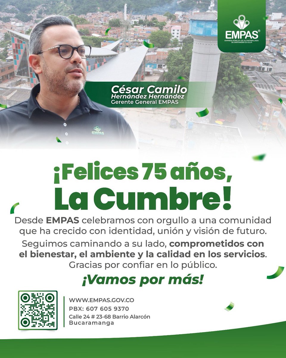 ¡Felices 75 años, barrio La Cumbre! Una comunidad que ha crecido con identidad, unión y visión de futuro.

Desde EMPAS S.A. E.S.P. celebramos con orgullo este aniversario y reafirmamos nuestro compromiso con la calidad de vida y el cuidado del medio ambiente 🍃