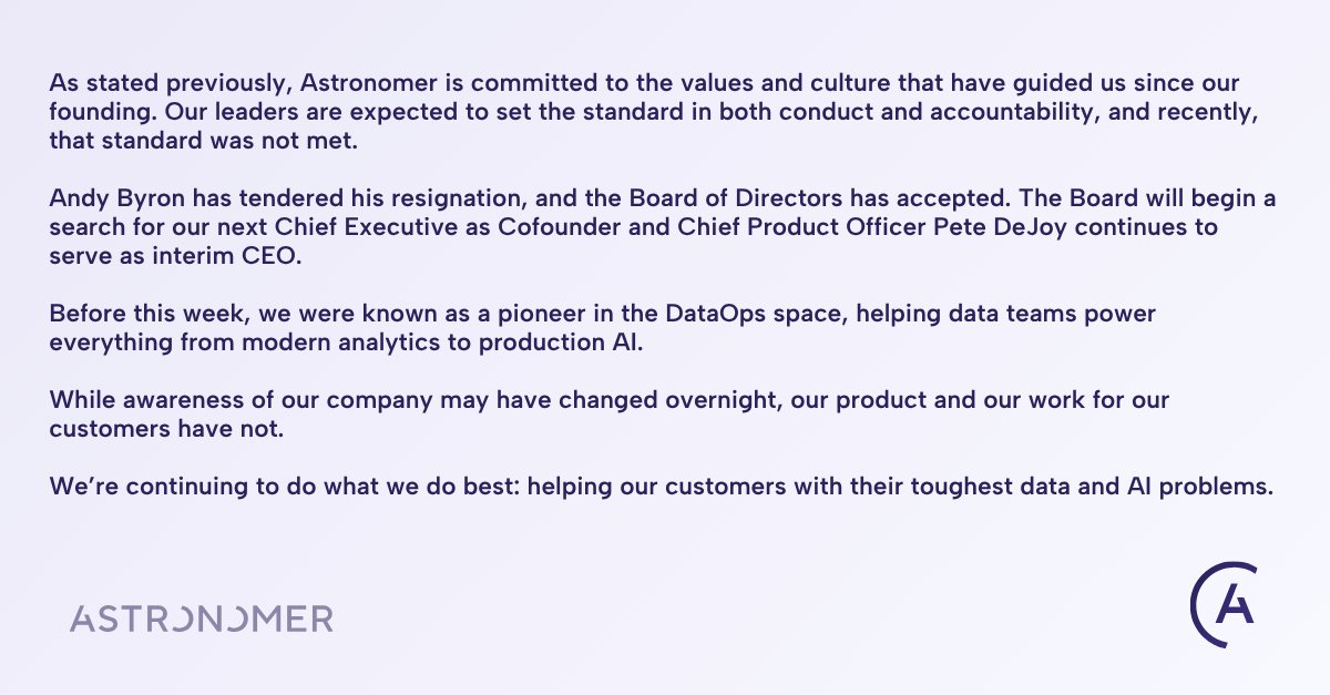 astronomerio's tweet image. As stated previously, Astronomer is committed to the values and culture that have guided us since our founding. Our leaders are expected to set the standard in both conduct and accountability, and recently, that standard was not met.
Andy Byron has tendered his resignation, and…