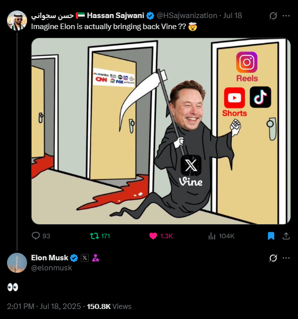 They eyes don't lie
Maximally truth telling, $Vine is coming 🌱
<a href="/elonmusk/">Elon Musk</a> and <a href="/rus/">Rus</a> let us know on @HSajwanization tweet

x.com/rus/status/194…