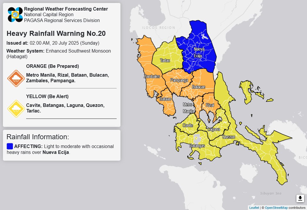 dzrhnews's tweet photo. AS OF 2AM: Nakataas pa rin ang Orange Rainfall Warning sa Metro Manila, Rizal, Bataan, Bulacan, Zambales at Pampanga epekto ng hanging habagat.
Posible ang mga pagbaha dulot ng malalakas pang ulan sa susunod na tatlong oras. | via @dost_pagasa #FloodPH #WeatherPH https://t.co/Cr0ee6ozi8