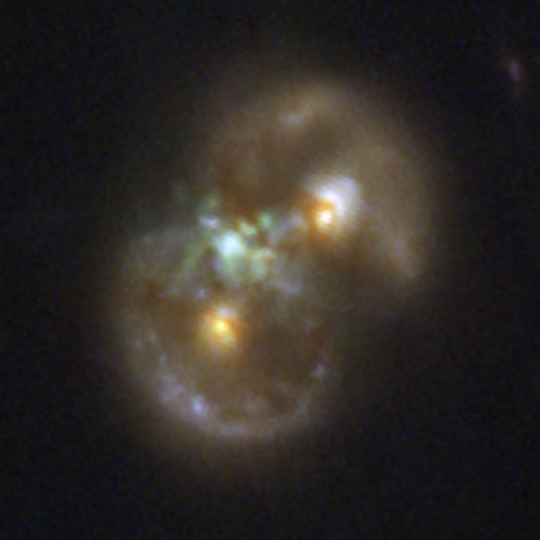Xavi_Bros's tweet image. The birth of a supermassive black hole?
This Infinity galaxy image by JWST shows two very compact, red nuclei, each surrounded by a ring: the collision of two disk galaxies. A young black hole is in between the two nuclei, within a vast expanse of gas: go.nasa.gov/4nQiwdo