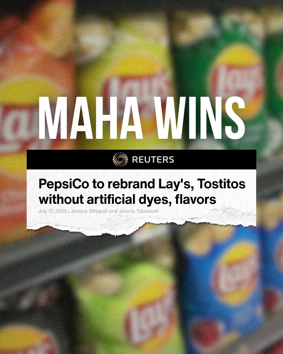 SecKennedy's tweet image. .@PepsiCo just announced it will eliminate artificial colors and flavors from Lay’s and Tostitos by year’s end—and expand the use of avocado and olive oil in place of canola and soybean oil. I urge every other food company to follow their lead and join the movement to Make…