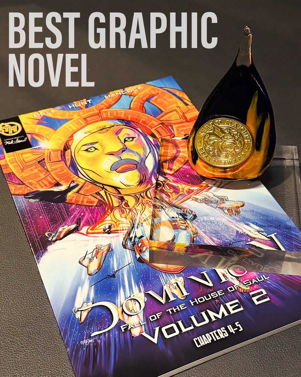 DOMINIONCOMIC's tweet image. DOMINION: Fall of the House of Saul - Volume 2 awarded Best Graphic Novel at @RealmMakers 2025! Congratulations to creator and artist Dr. Barron Bell, writer Daniel Hancock, and the Terminus Media team—Michael Hunt, Mark A Stancil, Matt Baker! @DOMINIONCOMIC