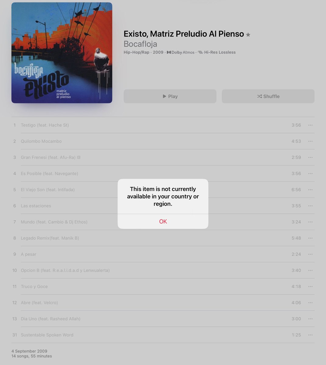 Oye <a href="/Bocaquilombo/">Bocafloja</a> ya no está “Existo, matriz  preludio al pienso” en Apple Music. Volverá?