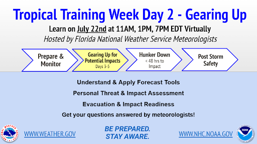 NWSMiami's tweet image. It's Day 2 of Florida Tropical Training Week! (July 22nd)
Learn from NWS meteorologists about
-Forecast Tools
-Personal Threats
-Evacuation & Impact Readiness
Q&A session too!
Register & learn more at weather.gov/jax/FloridaTro…
⏰ 3 sessions daily- 11AM, 1PM, 7PM EDT⏰