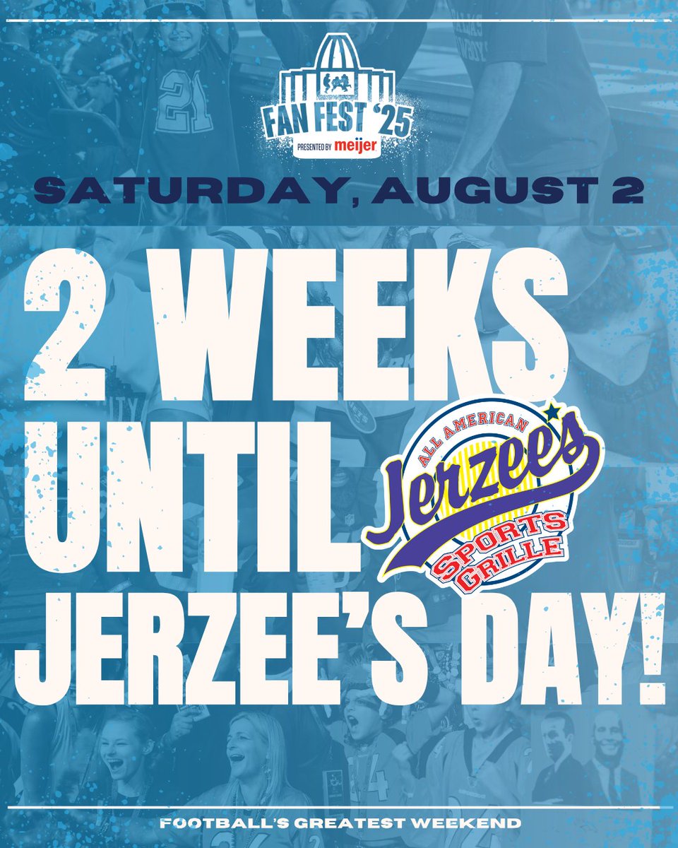 ProFootballHOF's tweet image. 🍔🎉 2 weeks until Jerzee’s is teaming up with Fan Fest ‘25 for the ultimate football experience!
Wear your favorite jersey and roll through for legendary eats, cold drinks, and all the Hall of Fame hype. Football + food = perfection.
📍See you there!