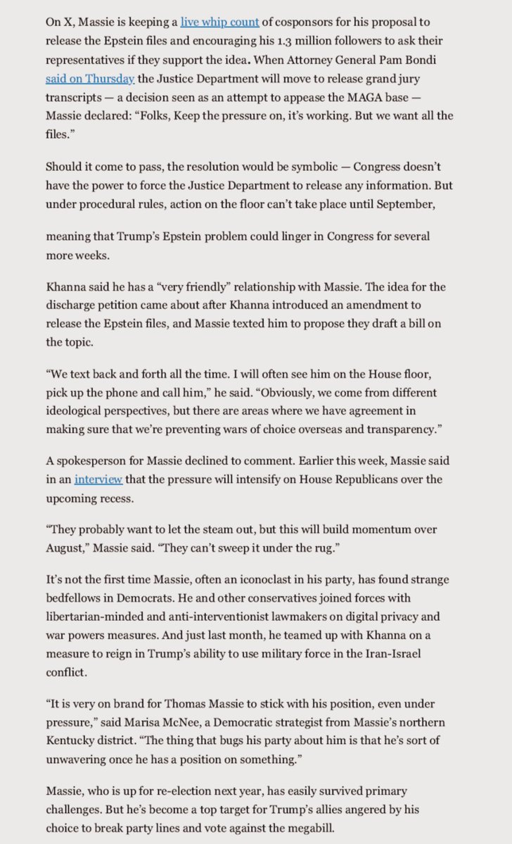 RepThomasMassie's tweet image. Good article: “The unlikely alliance of the populist left and right has strengthened over the Jeffrey Epstein controversy.
Leading the charge for Congress to vote on publicizing Epstein-related records are Reps. Thomas Massie and @RepRoKhanna.”
politico.com/news/2025/07/1…